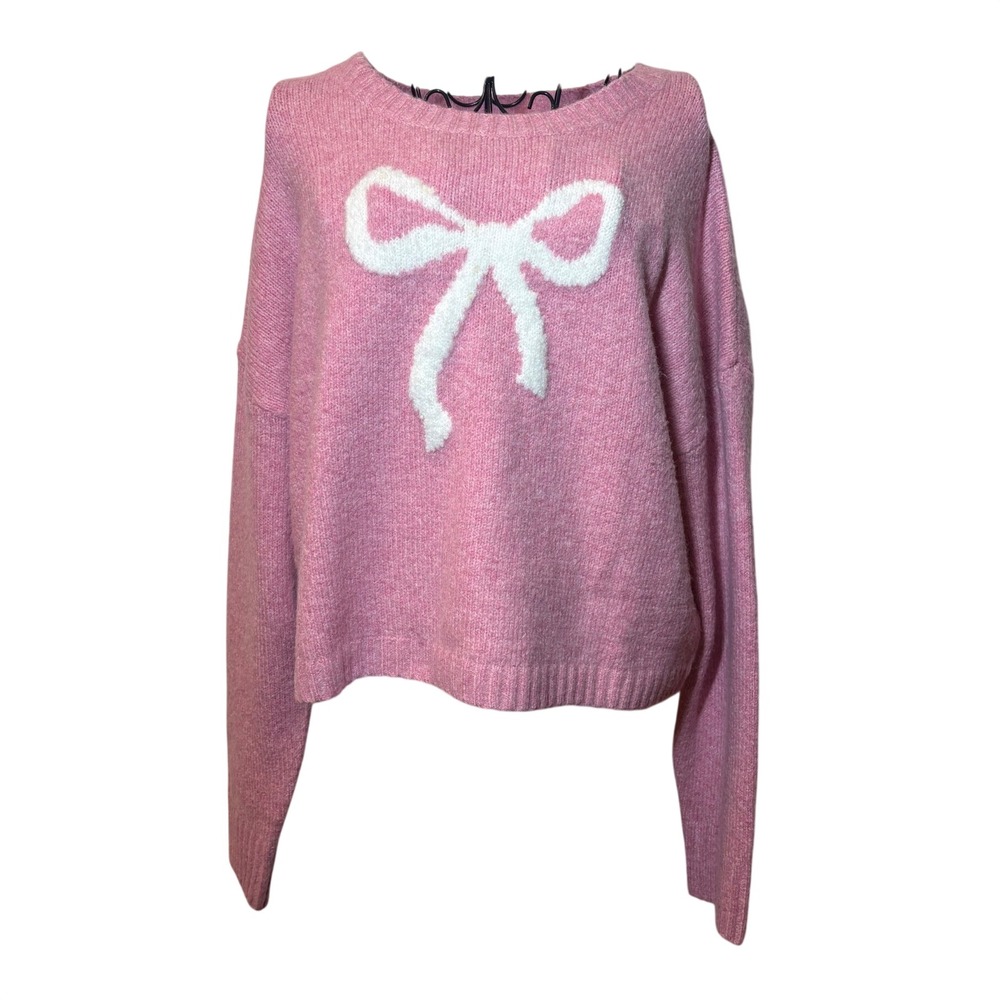 Jessica Simpson Pink Bow Graphic Knit Sweater Coquette Long Sleeve-XL